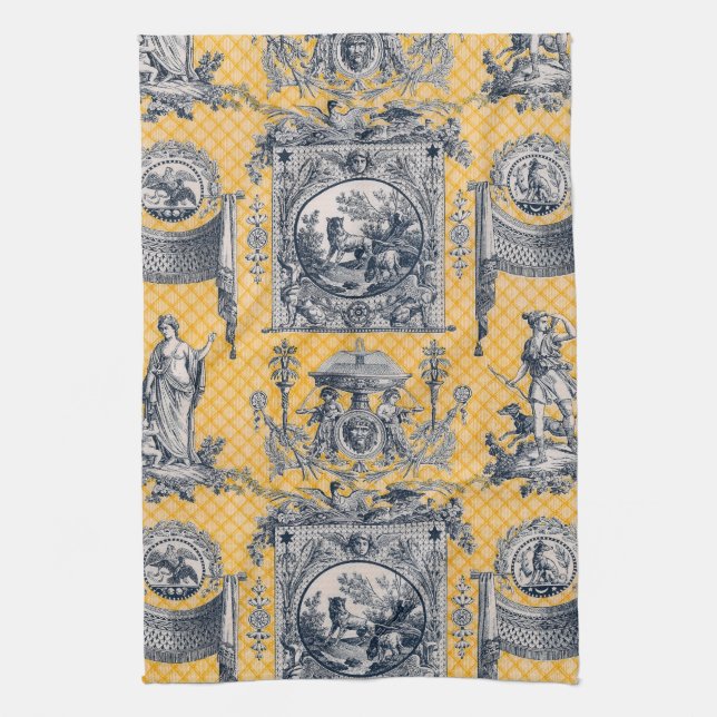 Blue & Yellow Neoclassical Toile French Country Kitchen Towel (Vertical)