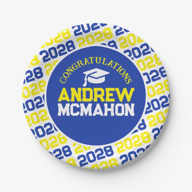 Blue & Yellow on White Graduation Personalized Paper Plate (Front)