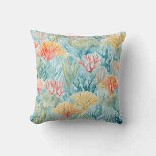 Blue Yellow Orange Coral Reef Nautical Coastal Throw Pillow