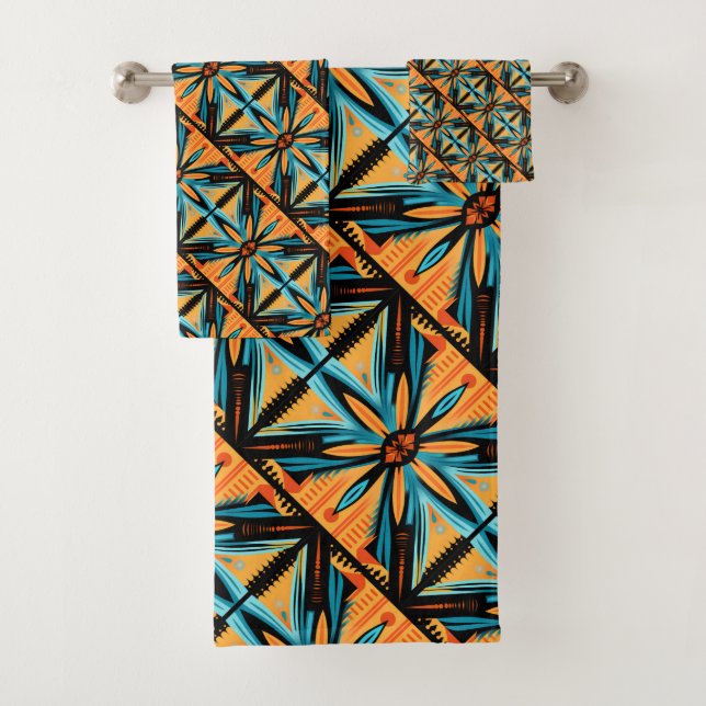 Blue Yellow Orange Decorative Mosaic Bath Towel Set (Insitu)