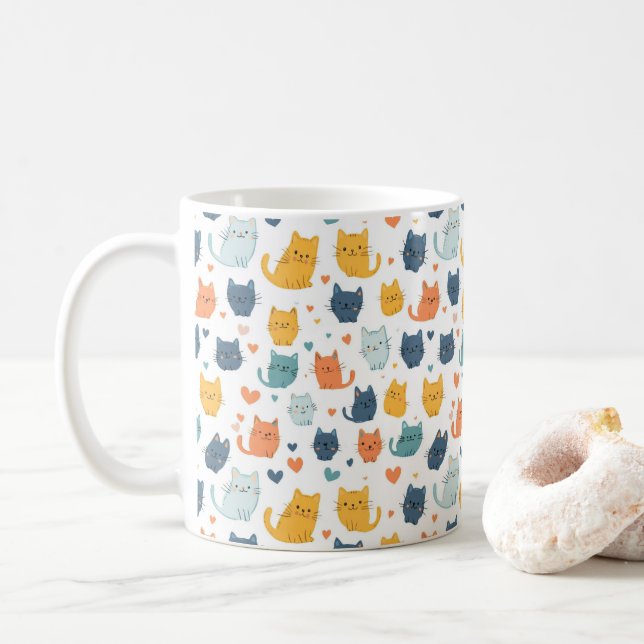 Blue Yellow Orange Kawaii Cat Pattern Cat Lover Coffee Mug (With Donut)
