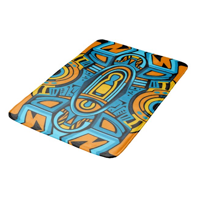 Blue yellow orange mirror doodles bath mat (Angled)