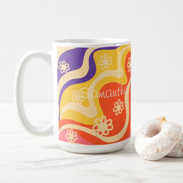 Blue,Yellow,Orange, Pink Floral Abstract  Coffee Mug (With Donut)