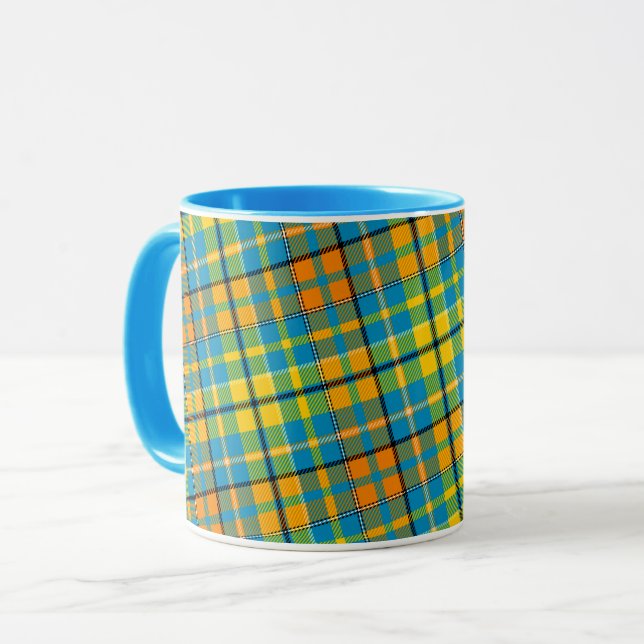 Blue Yellow Orange Plaid Tartan Design  Mug (Front Left)