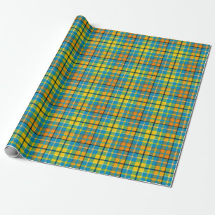 Blue Yellow Orange Plaid Tartan Design Wrapping Paper