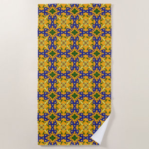 Blue Yellow Orange Talavera Tile Pattern Beach Towel