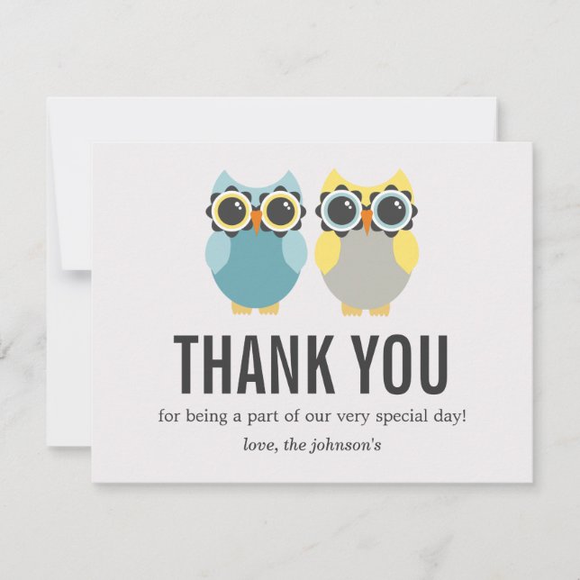 Blue & Yellow Owl Design Wedding Thank You Cards (Front)