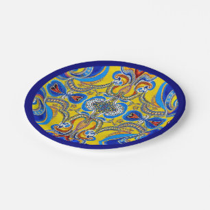Blue yellow pattern blue edge artsy bold paper plate