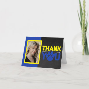 Blue & Yellow Paw Print Graduation 2 Photo Folding Thank You Card
