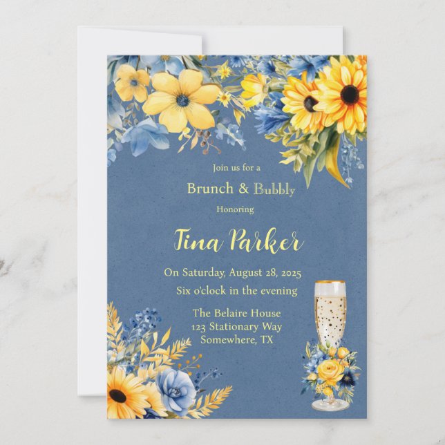 Blue Yellow Peony Watercolor Brunch and Bubbly Invitation (Front)