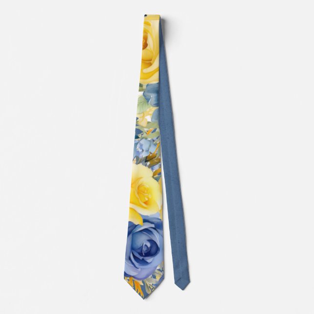 Blue Yellow Peony Watercolor Floral Wedding Groom Tie (Front)