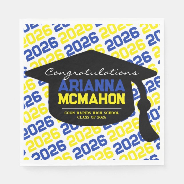 Blue & Yellow Personalized Graduation Cap Paper Napkin (Front)
