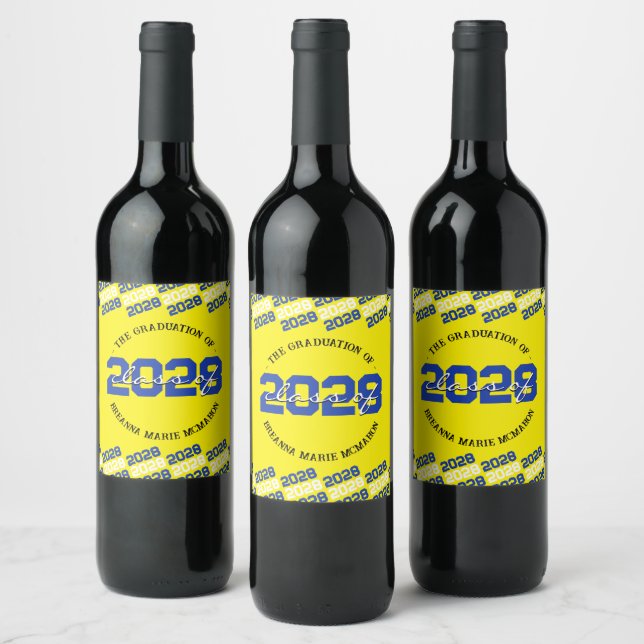 Blue & Yellow Personalized Graduation Liquor  Wine Label (Bottles)