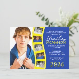 Blue & Yellow Photo Filmstrip Collage Graduation Invitation