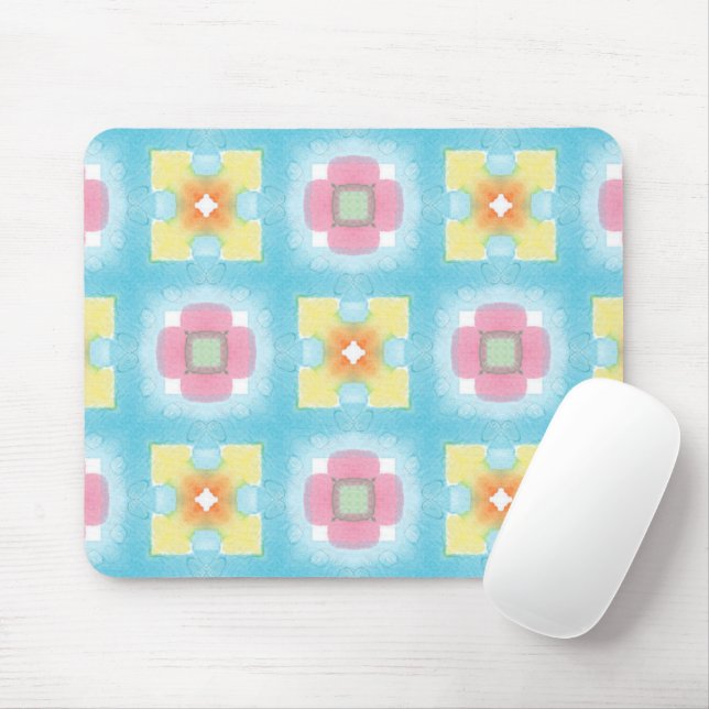 Blue yellow pink 60s 70s floral checkered pattern mouse pad (With Mouse)