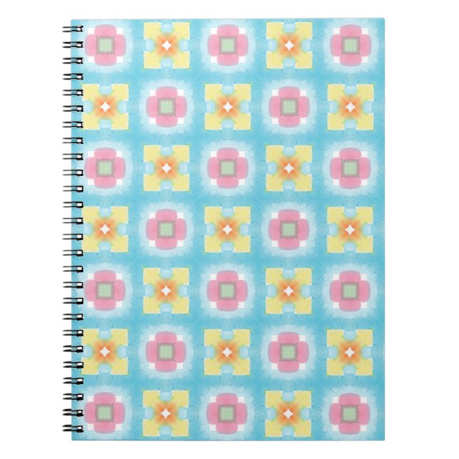 Blue yellow pink 60s 70s floral checkered pattern notebook (Front)