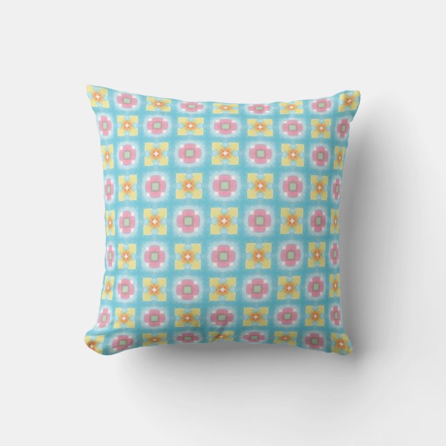 Blue yellow pink 60s 70s floral chequered pattern throw pillow (Front)