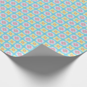 Blue yellow pink 60s 70s floral chequered pattern wrapping paper