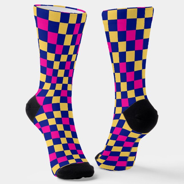 Blue Yellow Pink Checkered Pattern Design  Socks (Angled)