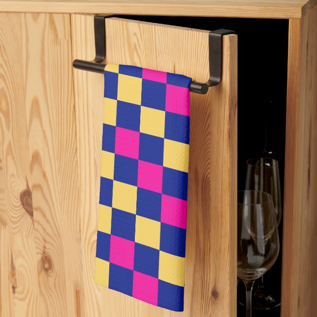 Blue Yellow Pink Chequered Pattern Design  Kitchen Towel (Thirds Fold)