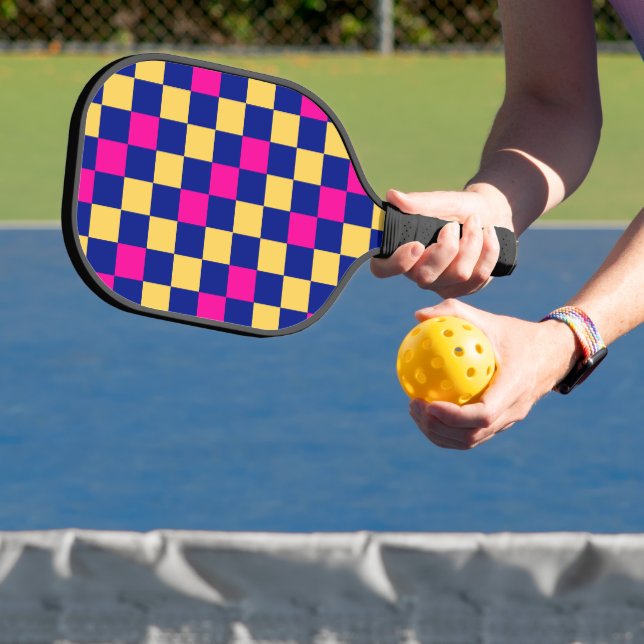Blue Yellow Pink Chequered Pattern Design  Pickleball Paddle (Insitu)