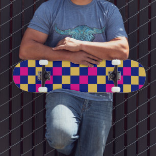 Blue Yellow Pink Chequered Pattern Design Skateboard