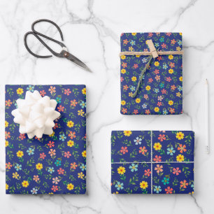 Blue Yellow Pink Floral Cottagecore Flowers Wrapping Paper Sheet