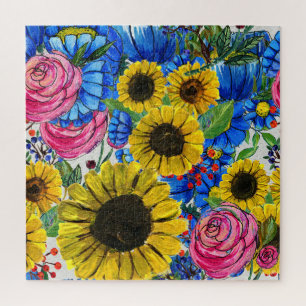 Blue Yellow Pink Floral Seamless Jigsaw Puzzle