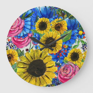 Blue Yellow Pink Floral Seamless Large Clock
