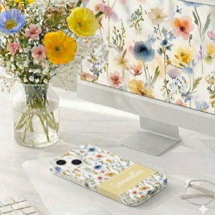 Blue Yellow Pink Watercolor Wildflower Name Case-Mate iPhone 14 Case