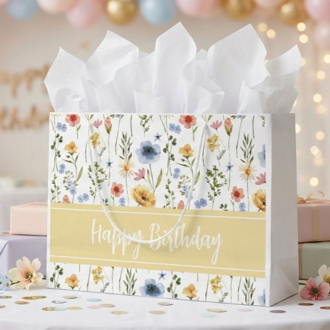Blue Yellow Pink Watercolor Wildflower Name Large Gift Bag (Creator Uploaded)