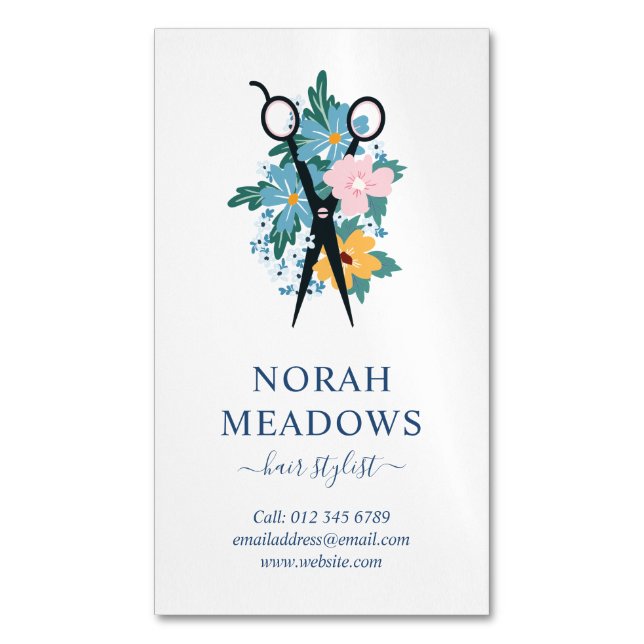 Blue Yellow Pink  White Floral Scissors Magnetic Business Card (Front Vertical)