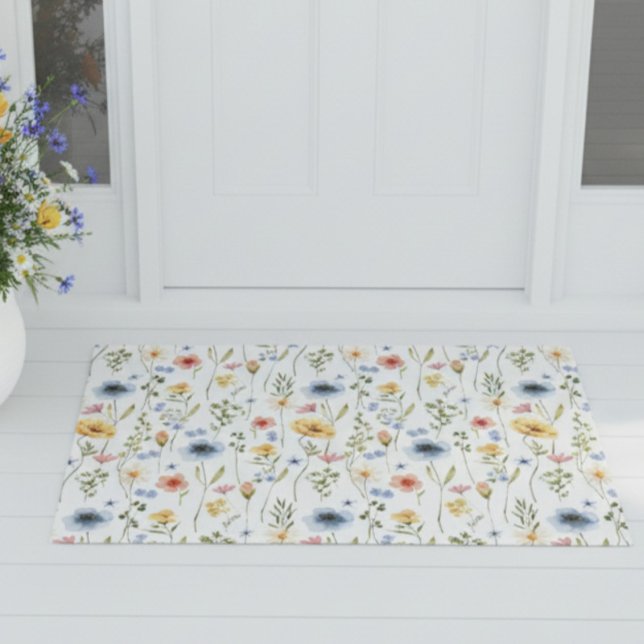 Blue Yellow Pink Wildflower Watercolor Boho  Doormat (Creator Uploaded)