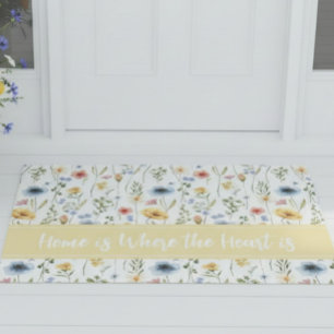 Blue Yellow Pink Wildflower Watercolor Saying  Doormat