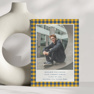 Blue Yellow Plaid Buffalo Check Graduation Photo Announcement