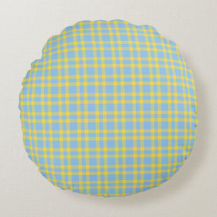 Blue Yellow Plaid Pattern Round Pillow
