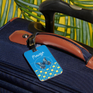 Blue Yellow Polka Dots Butterfly Custom Name Luggage Tag