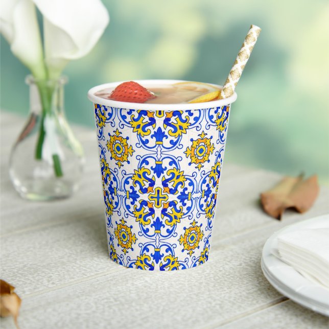 Blue Yellow Portuguese Azulejo Seamless Pattern Paper Cups (Insitu)