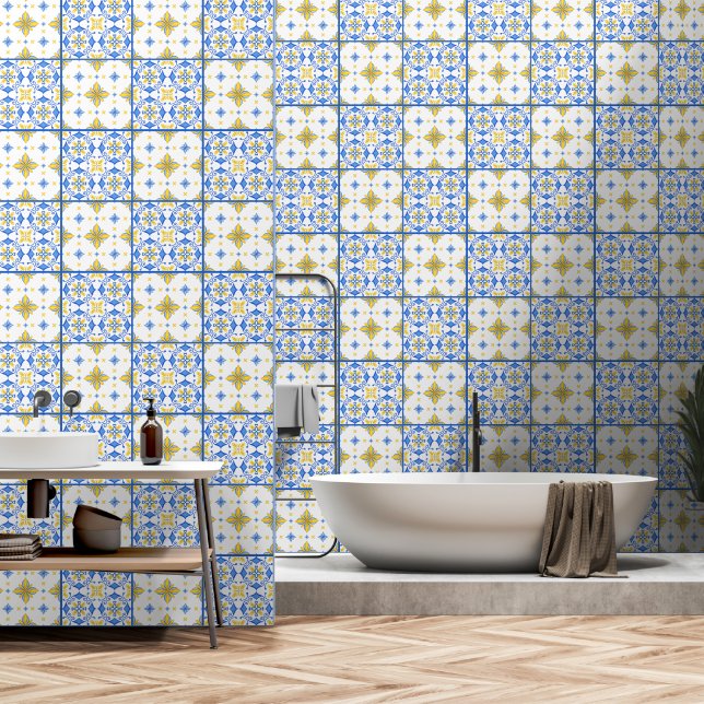 Blue Yellow Portuguese Tile Mediterranean Wall Dec (Bathroom)