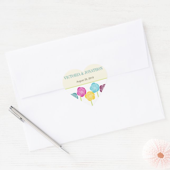 Blue Yellow Purple Pink Floral Typography Wedding Heart Sticker (Envelope)