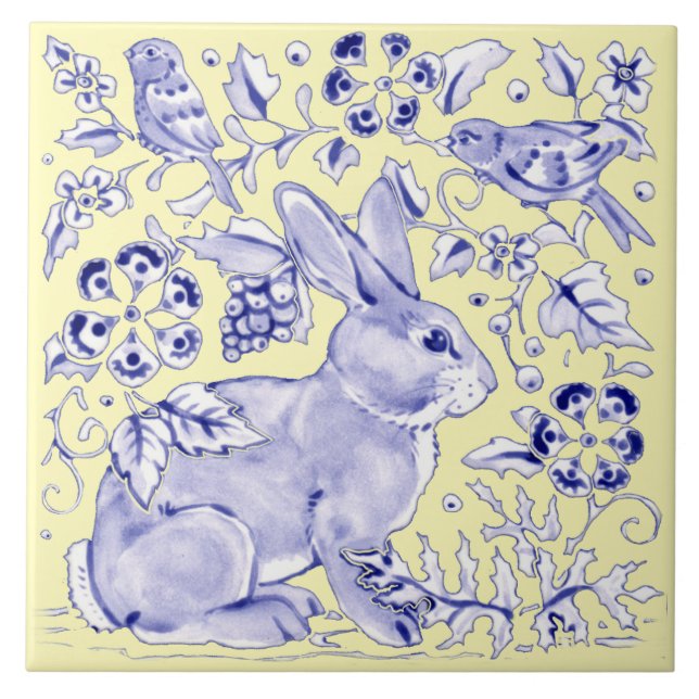 Blue Yellow Rabbit Bird Woodland Floral Pretty Tile (Front)