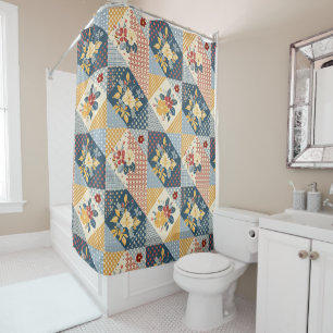 Blue Yellow Red Patchwork Quilt Floral Retro
