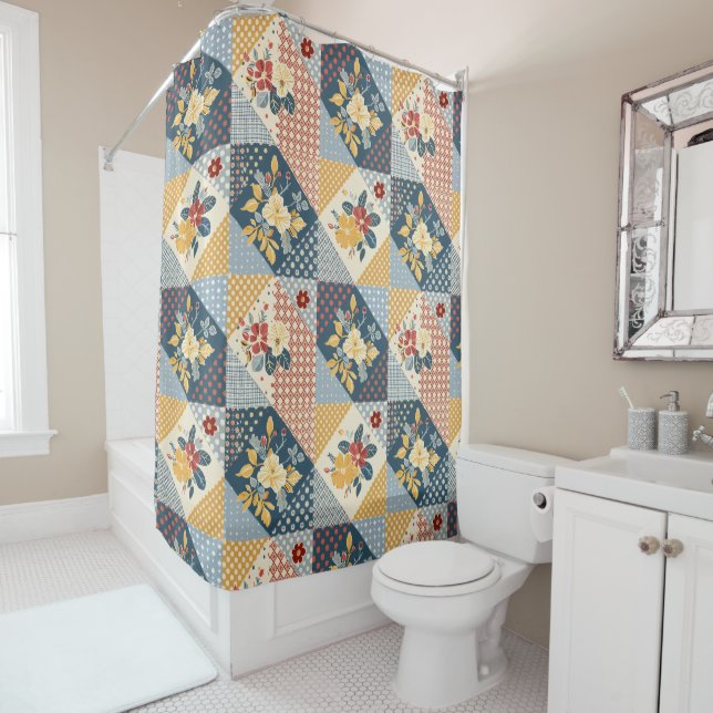 Blue Yellow Red Patchwork Quilt Floral Retro  (In Situ)