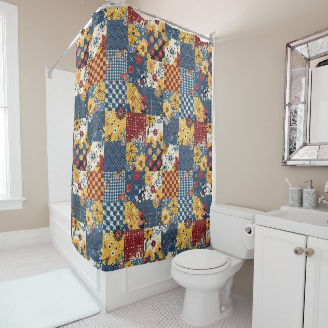Blue Yellow Red Patchwork Quilt Floral Retro  (In Situ)