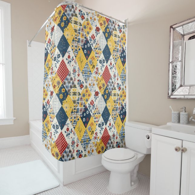 Blue Yellow Red Patchwork Quilt Floral Retro  (In Situ)