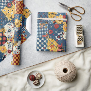 Blue Yellow Red Quilt Gingham Cottagecore Floral Wrapping Paper