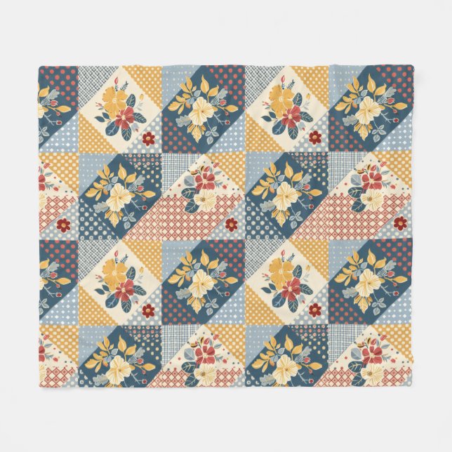 Blue Yellow Red Quilt Patchwork Gingham Floral Fleece Blanket (Front (Horizontal))