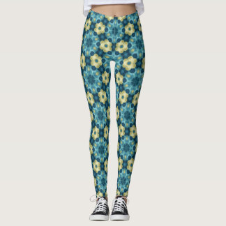 Blue & Yellow Retro Floral Pattern Leggings