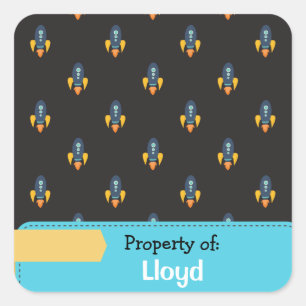 Blue Yellow Rocket Space Pattern Personalized Square Sticker