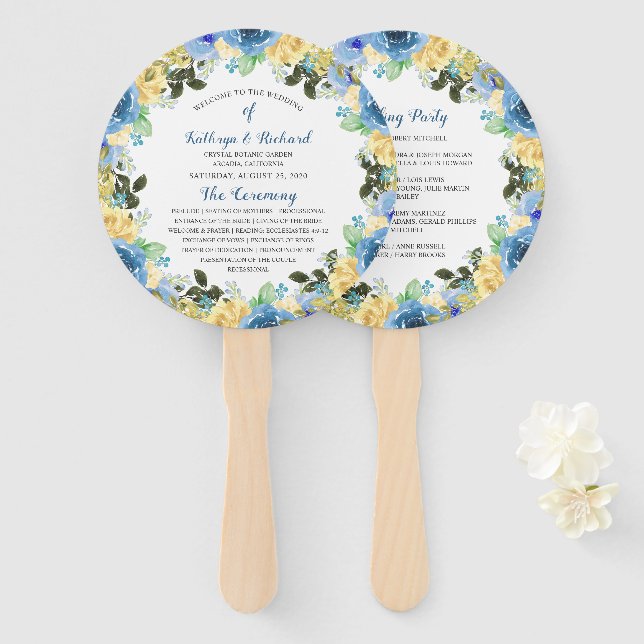 Blue Yellow Rose Garden Wedding Program Hand Fan (Front and Back)